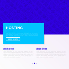 Hosting concept with thin line icons: VPS, customer support, domain name, automated backup, SSD, control panel, secure server, local network, SSL. Modern vector illustration for banner, print media.