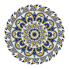 Vector hand drawn doodle mandala. Ethnic mandala with colorful tribal ornament. Isolated. On white background. Yellow and gray colors. Illustration on doodle style.
