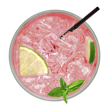 Paloma Tequila Cocktail Top View Or Glass Of Pink Soda Drink With Ice Cubes From Top View Isolated On White Background. Clipping Path Included.