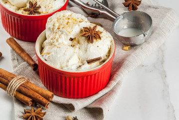Cold Homemade Eggnog Ice Cream with Cinnamon and anise, on white marble background, copy space