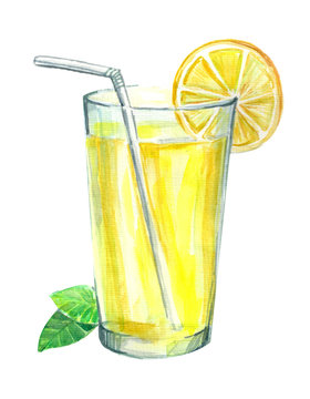 Lemonade with lemon and mint. Image of a drink. Watercolor hand drawn illustration.