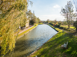 wide angle day view of boat canal in stoke bruerne england uk