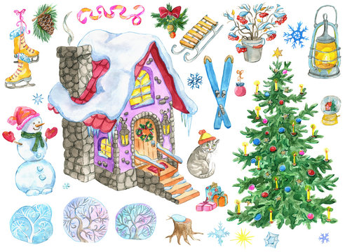 Christmas and New Year design set with country house, decorated fir tree, snowman, skates, holiday objects. Hand painted winter watercolor clip art illustrations isolated on white background