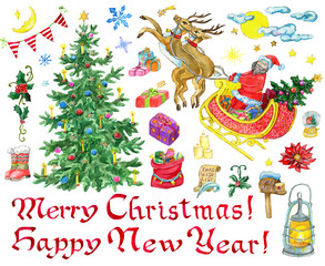 Christmas design set with decorated conifer, Santa, lettering, holiday objects. Hand painted winter watercolor clip art illustrations isolated on white background