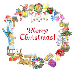 Greeting card with Christmas holiday objects and lettering. Hand painted winter watercolor clip art illustrations isolated on white background