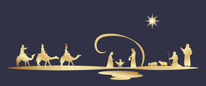 Christmas time. Nativity scene with Mary, Joseph, baby Jesus, shepherds and three kings.