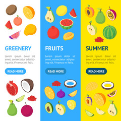 Fruits and Berries 3d Banner Vecrtical Set Isometric View. Vector