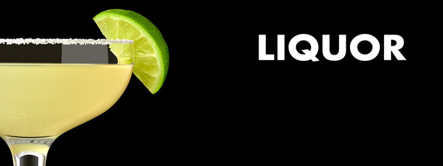 Margarita cocktail with lime wedge and salty rim on black background