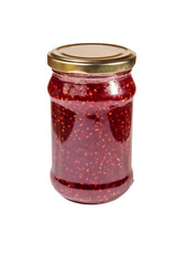 Raspberry jam in glass jar isolated on white background