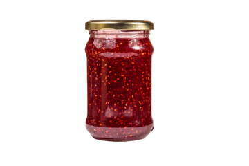 Raspberry jam in glass jar isolated on white background