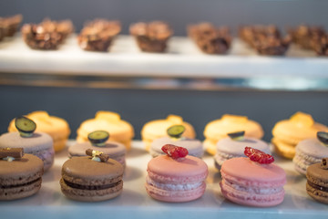 Dessert buffet with a macaroons, close up.