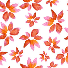 Floral seamless pattern painted with watercolor. Red flowers on white background.