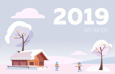 Vector flat card 2019 Happy new year. white snowy winter landscape with small country house and snow covered trees on the snow-covered hills in the snowing woods with children playing snowball fights.