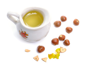 Nuts of Staphylea, or bladdernut with oil. Isolated on white backgroumd