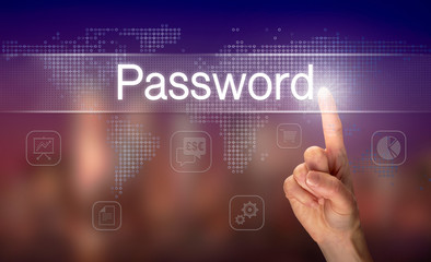 A hand selecting a Password business concept on a clear screen with a colorful blurred background.