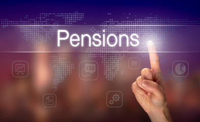A hand selecting a Pensions business concept on a clear screen with a colorful blurred background.
