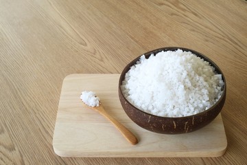 Salt crystal in coconut shell for spa.