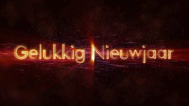 "Happy New Year" text in Dutch "Gelukkig Nieuwjaar" loop animation over dark animated background