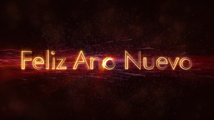 "Happy New Year" text in Spanish "Feliz Ano Nuevo" loop animation over dark animated background