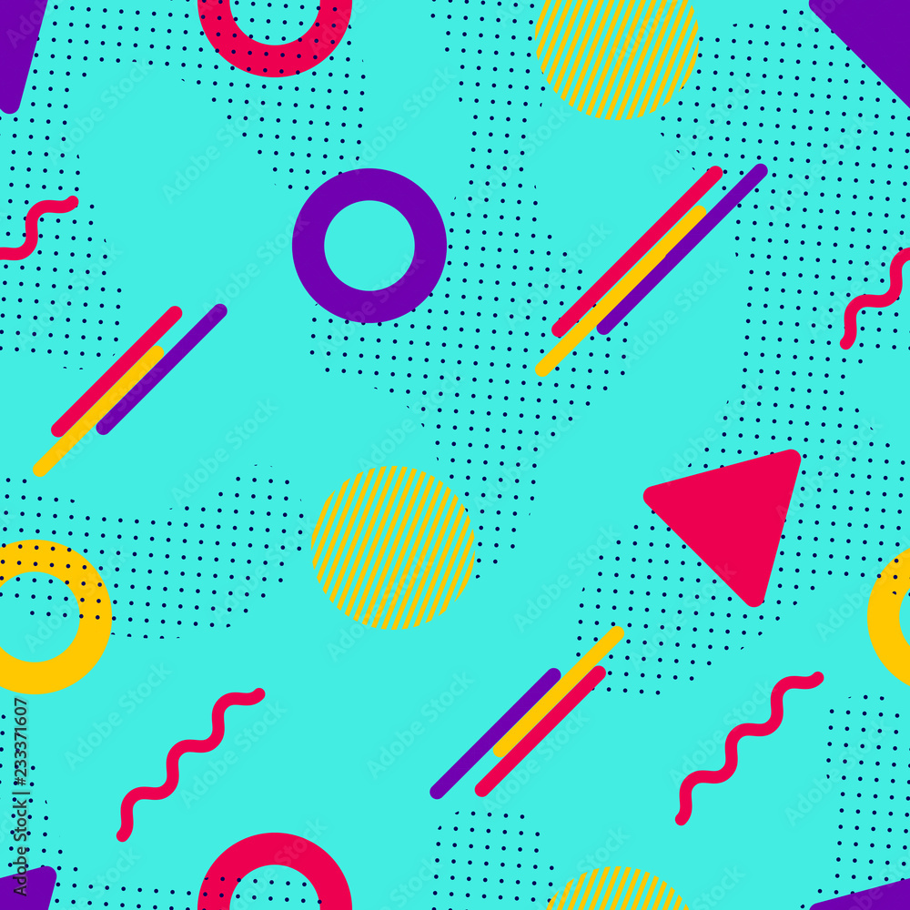Poster memphis vector seamless pattern. colorful geometric shapes in modern style. hipster background. tren