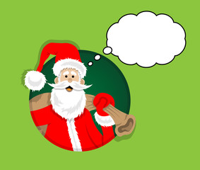 Santa Claus cartoon inside circle with thought bubble