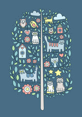 Hand drawn doodle tree with cats, owls, flowers, stars.
