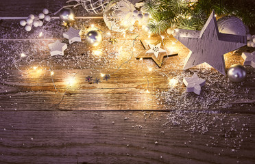 Christmas decoration in vintage style at old wooden board