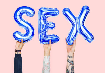 Hands holding sex word in balloon letters