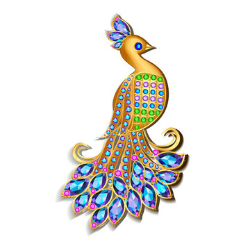 Illustration Jewelry brooch peacock with precious stones