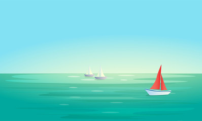 Vector landscape background with blue sea or ocean , red and white boats (ships). Place for text. Minimalistic marine landscape. Eps 10