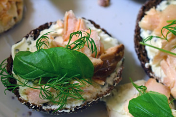 Close up of smoked salmon canape.
