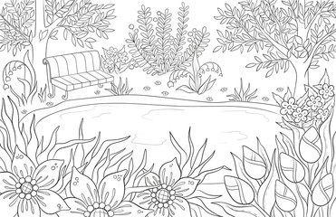 Coloring page for adult and kids coloring book or bullet journal. Summer landscape with bench, tees, leaves, flowers and lake. Black and white scenery vector background.
