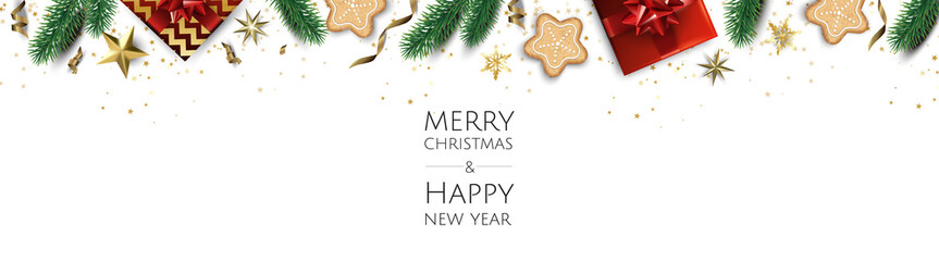 Banner with Christmas balls and stars. Great for New year party posters, headers.