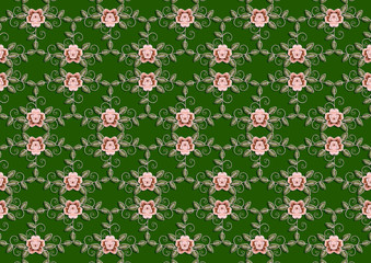  Green seamless background with embroidered pink roses with leaves
