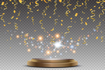Colorful bright confetti and round podium isolated on transparent background. Festive Vector Illustration