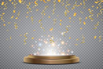 Colorful bright confetti and round podium isolated on transparent background. Festive Vector Illustration
