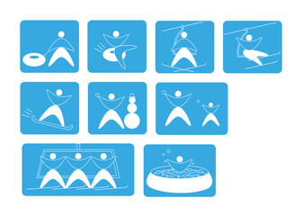 Set of ski cable lift icons for ski and winter sports, snowtubing, snowball game, jacuzzi,. Design for tourist catalog, maps of the ski slopes, placard, brochure, flyer, booklet. Vector illustration.