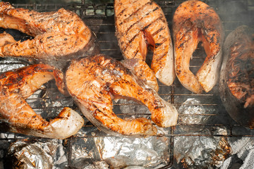 Chunks of trout on the grill.