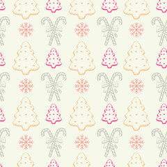 Hand Drawn Christmas or Xmas Sweets Seamless Pattern. Xmas Texture with Pepprmint Candy Cane Stick with Bow, Snowflakes and Pine Tree Cookies or Biscuits for 2019 New year. Scrapbooking and Gift Wrap