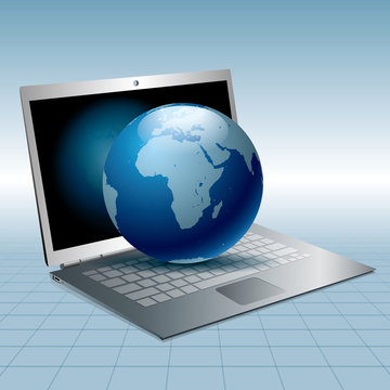 Vector drawn laptop and earth. Global communication concept.