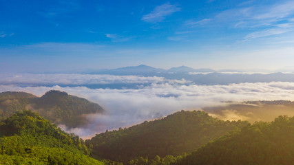 Aerial view above a Sea of fog coverage the mountains in the morning freshness.