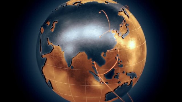 Growing Global Network.  A worldwide network expanding over the stylised golden globe.  Loops seamlessly. 4K render