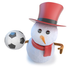 3d Funny cartoon snowman wearing a top hat and holding a soccer ball football
