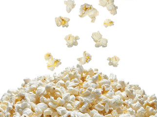 Falling popcorns on pile or heap isolated on white background - obrazy, fototapety, plakaty
