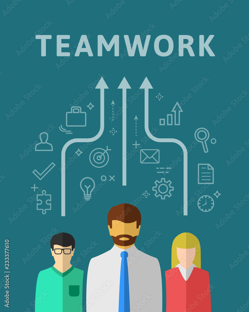 Poster team work concept with small team and related linear icons as task symbols