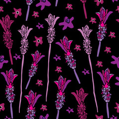 French Lavender-Love in Parise Seamless Repeat Pattern on Black Background . Light Pink and White Colors.