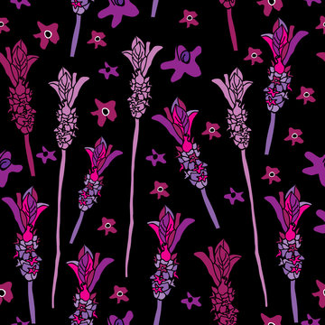 French Lavender-Love in Parise Seamless Repeat Pattern on Black Background . Light Pink and White Colors.