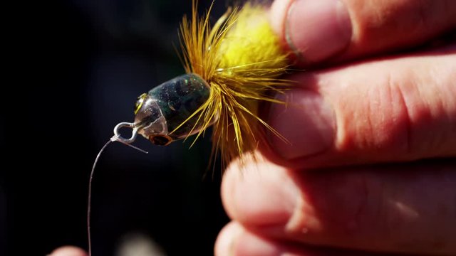 Competition fisherman hand tying dry fly near freshwater river