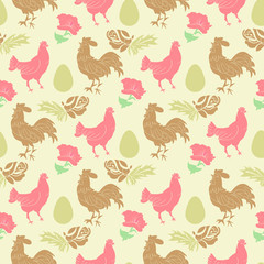 Easter. Festive background with chicken, rooster, eggs and flowers. seamless