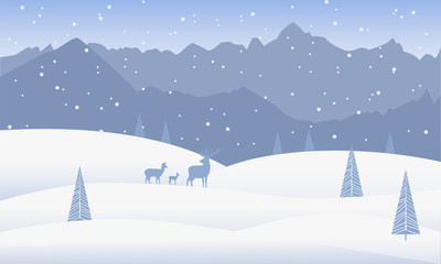 Winter background. Winter landscape with mountains, hills, snow drifts, pine trees and deer. Elements for Christmas cards design, etc. Vector illustration.     